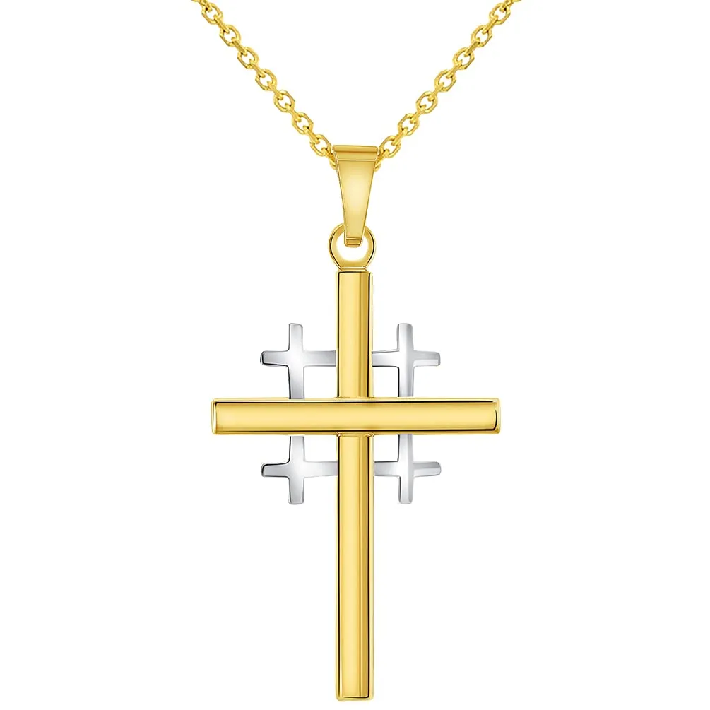 14k Two-Tone Gold Religious Crusaders Jerusalem Latin Plain Cross Pendant Necklace