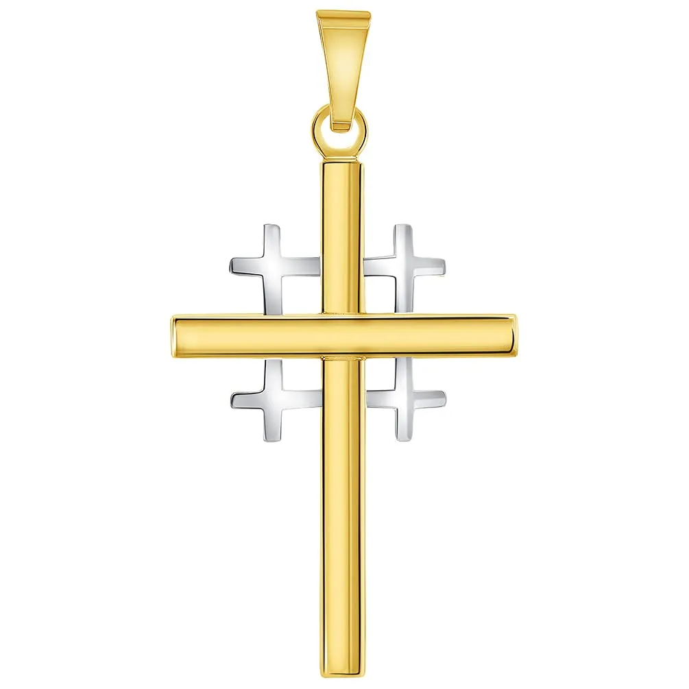 14k Two-Tone Gold Religious Crusaders Jerusalem Latin Plain Cross Pendant Necklace