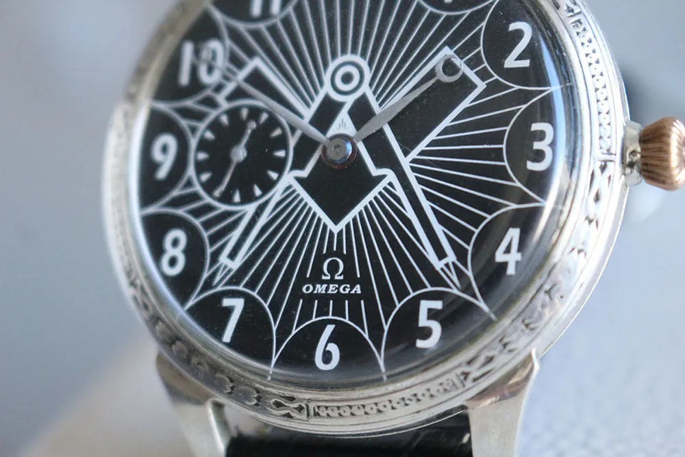 1932 Custom Wristwatch Using Omega Pocket Watch Movement Pure Silver Case Freemason Dial