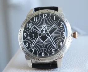 1932 Custom Wristwatch Using Omega Pocket Watch Movement Pure Silver Case Freemason Dial 1932 Custom Wristwatch Using Omega Pocket Watch Movement Pure Silver Case Freemason Dial