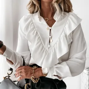 2021 Casual Button-Up Ladies Office Top Long Sleeve Ruffle Blouse Size 3XL 2021 Casual Button-Up Ladies Office Top Long Sleeve Ruffle Blouse Size 3XL
