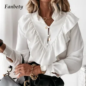 2021 Casual Button-Up Ladies Office Top Long Sleeve Ruffle Blouse Size S 2021 Casual Button-Up Ladies Office Top Long Sleeve Ruffle Blouse Size S