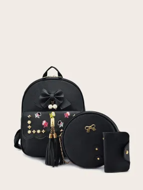 3pcs Tassel & Studded Decor Backpack Set 3pcs Tassel & Studded Decor Backpack Set