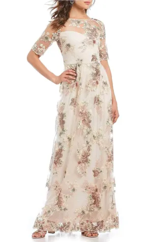 Adrianna Papell AP1E203576 - Illusion Sleeve Floral Evening Gown Adrianna Papell AP1E203576 - Illusion Sleeve Floral Evening Gown