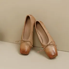 All Leather Ballet Flats with Bow Square Toe in Black/Apricot All Leather Ballet Flats with Bow Square Toe in Black/Apricot