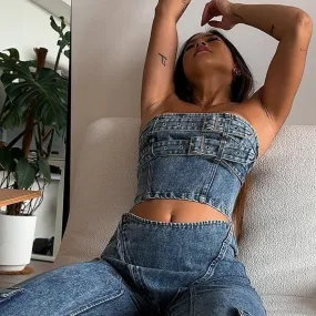 American Pure Desire Sexy Trendy Denim Bandeau Set Women Autumn New High-Waist Slim Straight Leg Design Suit American Pure Desire Sexy Trendy Denim Bandeau Set Women Autumn New High-Waist Slim Straight Leg Design Suit