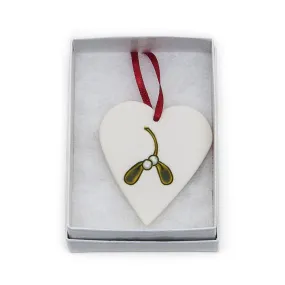 Angel Ceramics Matt Heart Hanging Christmas Decoration with Hand-Painted Mistletoe Motif Angel Ceramics Matt Heart Hanging Christmas Decoration with Hand-Painted Mistletoe Motif