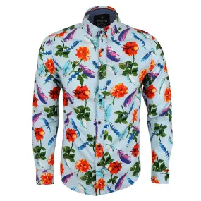 Baijieli Floral Sunflower Long Sleeve Slim Fit Button Up-Brown-Sky Blue Baijieli Floral Sunflower Long Sleeve Slim Fit Button Up-Brown-Sky Blue