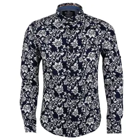 Bajieli New York Fit NavyBlue And White Floral Designed Shirt Bajieli New York Fit NavyBlue And White Floral Designed Shirt