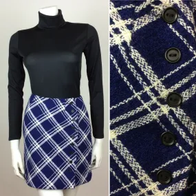 BLUE WHITE CHECK WOOL MINI SKIRT BUTTON FRONT 60S 70S TRUE VINTAGE SZ 8 BLUE WHITE CHECK WOOL MINI SKIRT BUTTON FRONT 60S 70S TRUE VINTAGE SZ 8