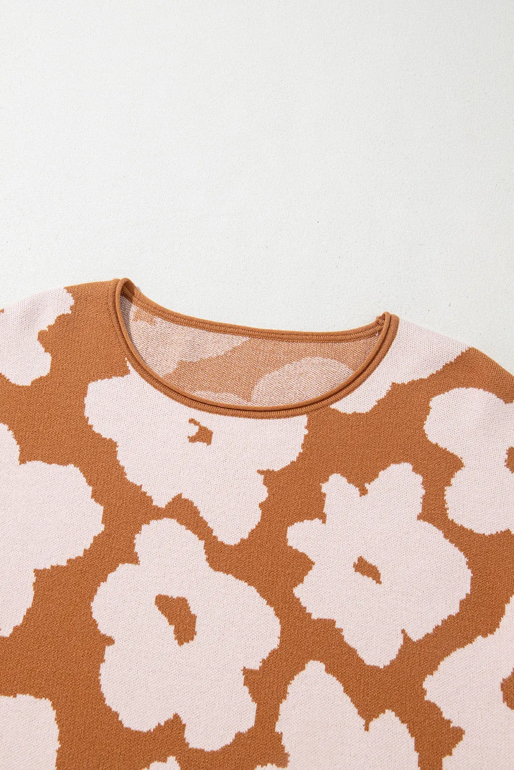 Brown Floral Pattern Crew Neck Long Sleeve Loose Sweater