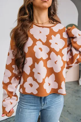Brown Floral Pattern Crew Neck Long Sleeve Loose Sweater Brown Floral Pattern Crew Neck Long Sleeve Loose Sweater