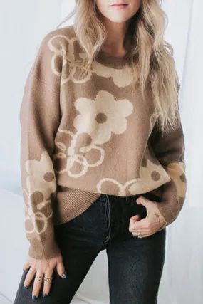 Camel Floral Drop Shoulder Ribbed Trim Sweater Camel Floral Drop Shoulder Ribbed Trim Sweater