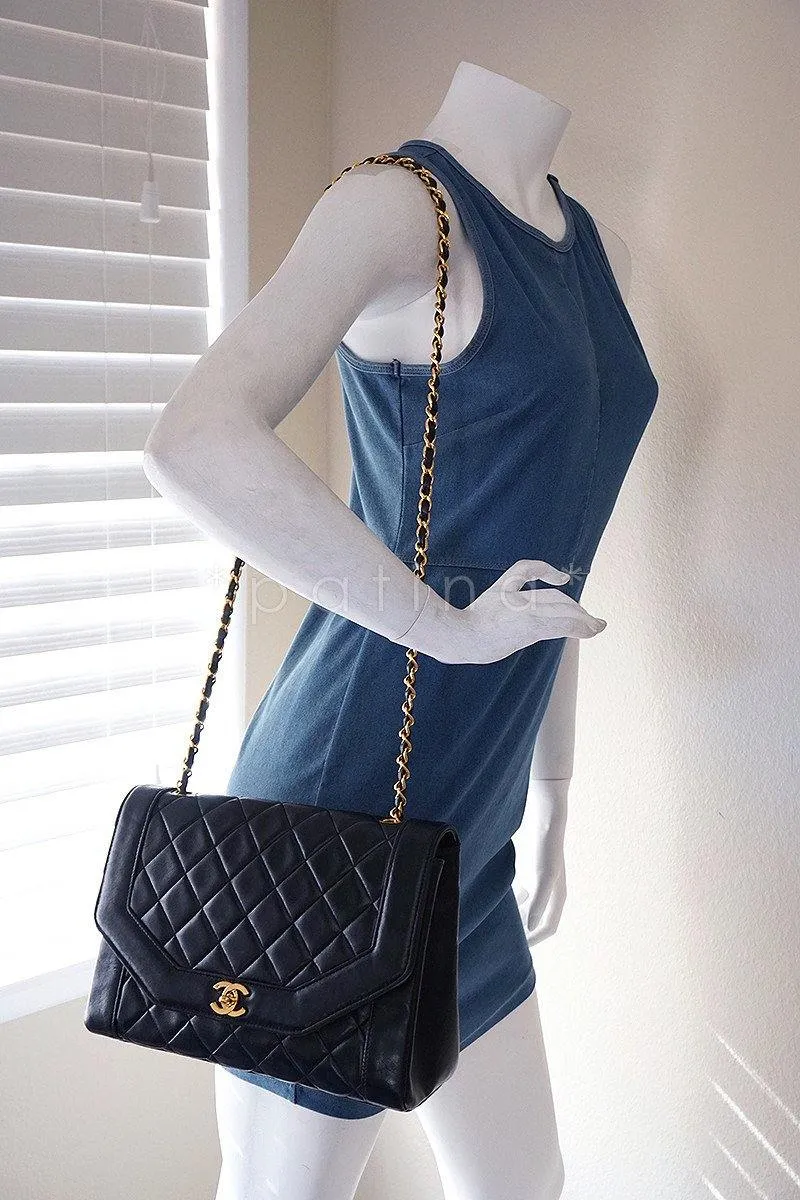 Chanel 11in. Black Vintage Quilted Classic Angled "Diana" Flap Bag