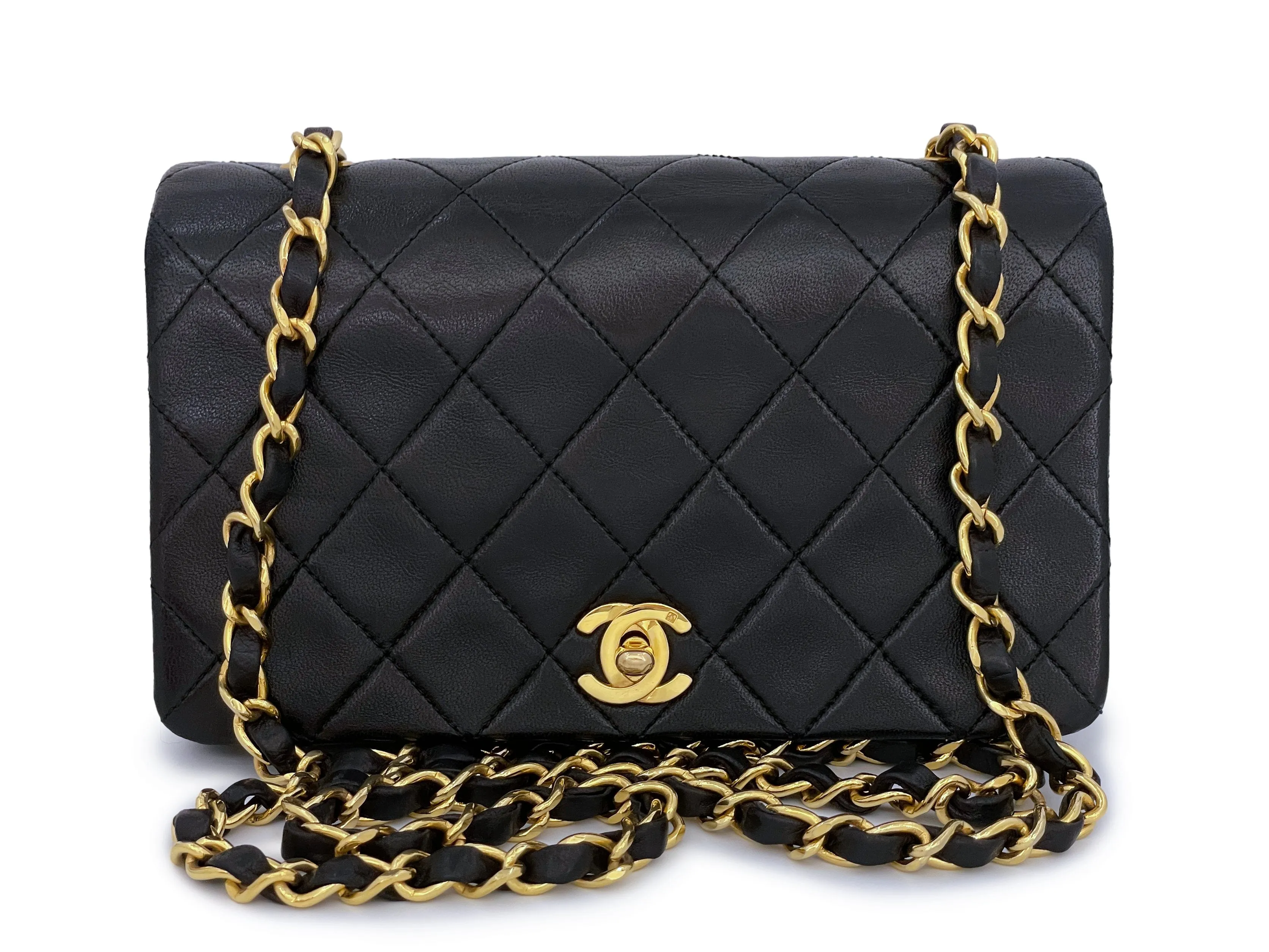 Chanel 1991 Vintage Black Quilted Small Full Flap Bag 24k GHW Lambskin