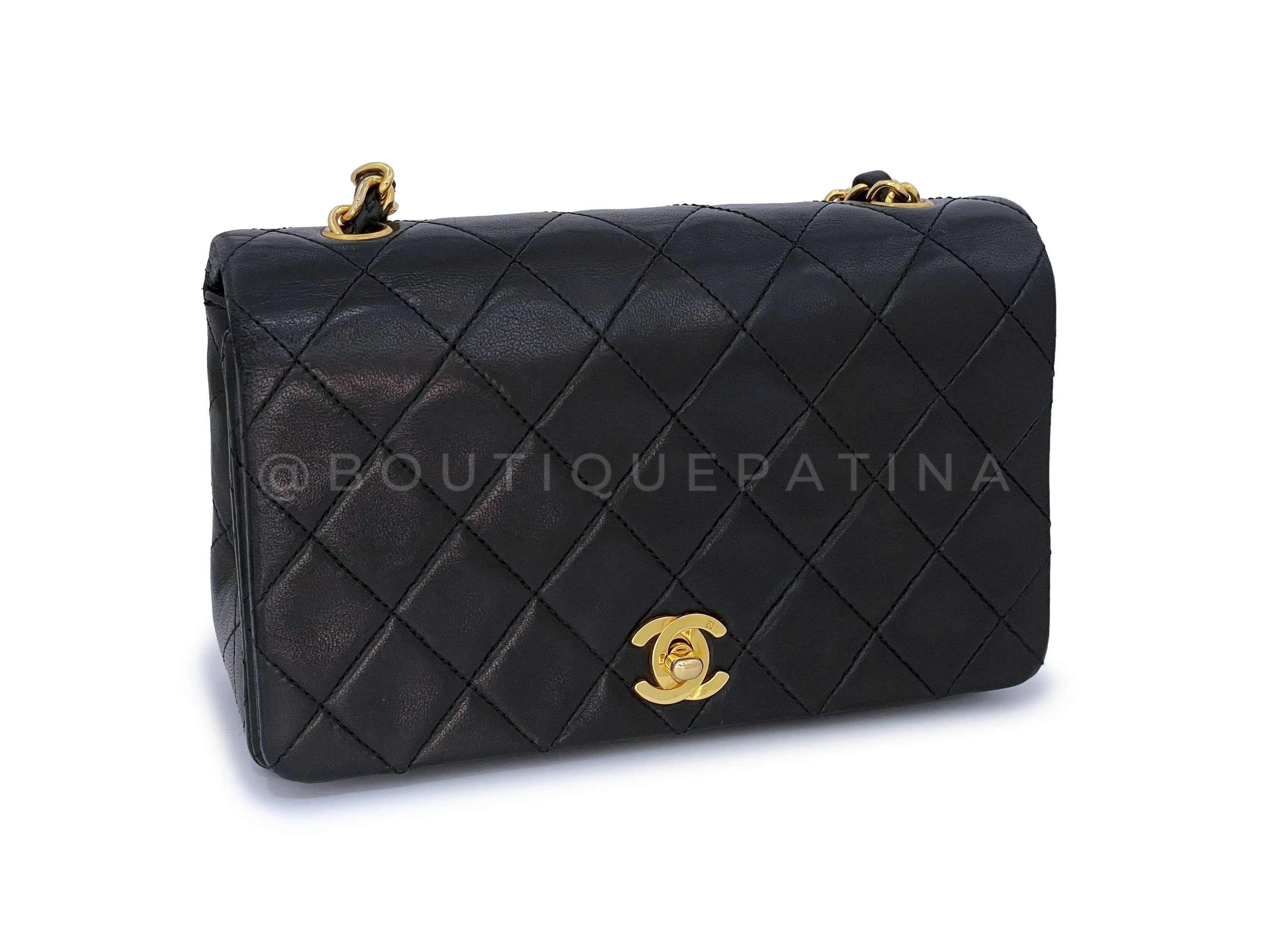 Chanel 1991 Vintage Black Quilted Small Full Flap Bag 24k GHW Lambskin