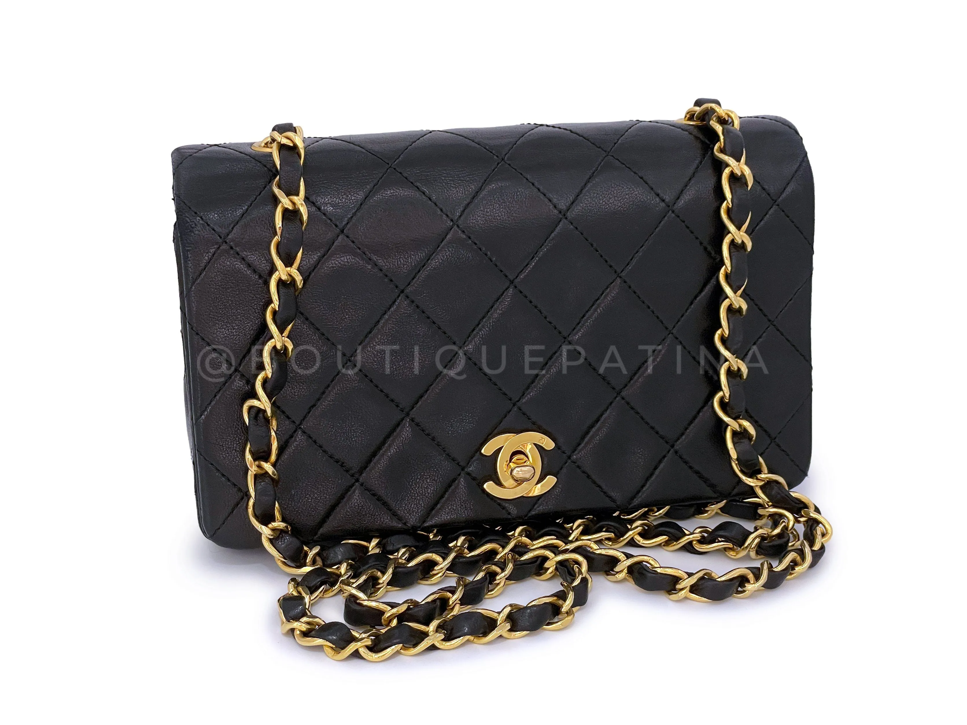Chanel 1991 Vintage Black Quilted Small Full Flap Bag 24k GHW Lambskin