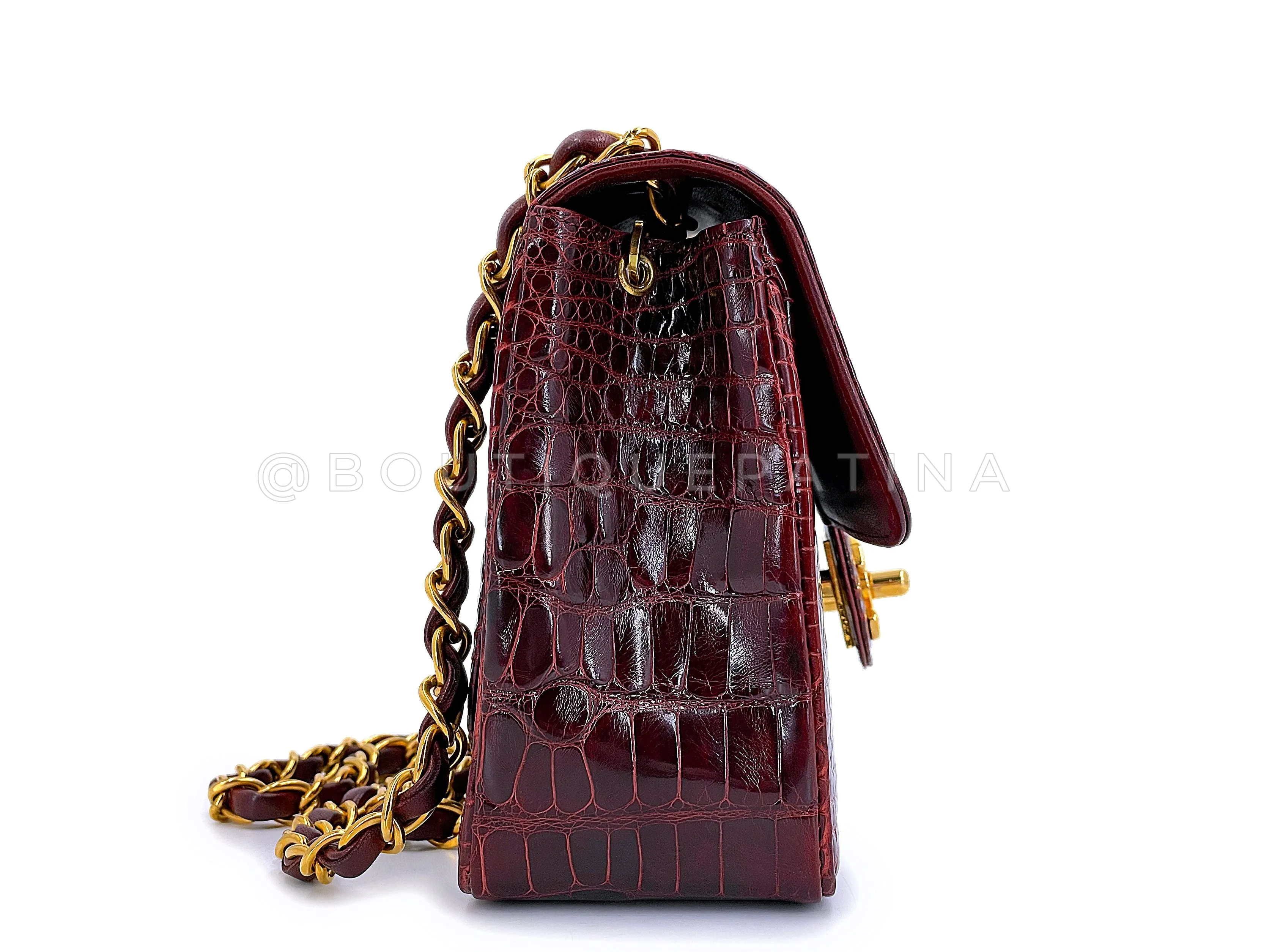 Chanel 1996 Vintage Burgundy Alligator Crocodile Square Mini Flap Bag 24k GHW