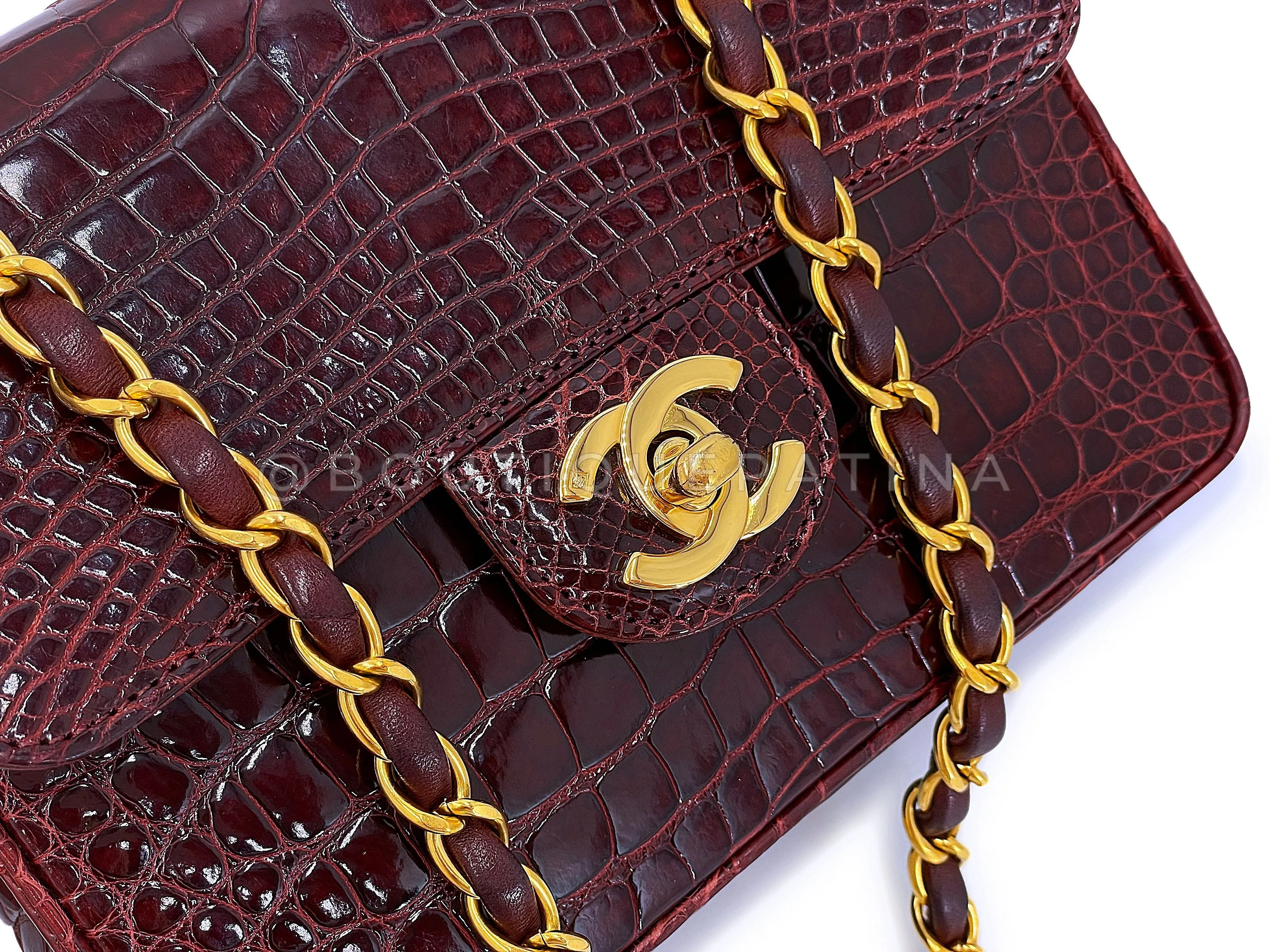 Chanel 1996 Vintage Burgundy Alligator Crocodile Square Mini Flap Bag 24k GHW