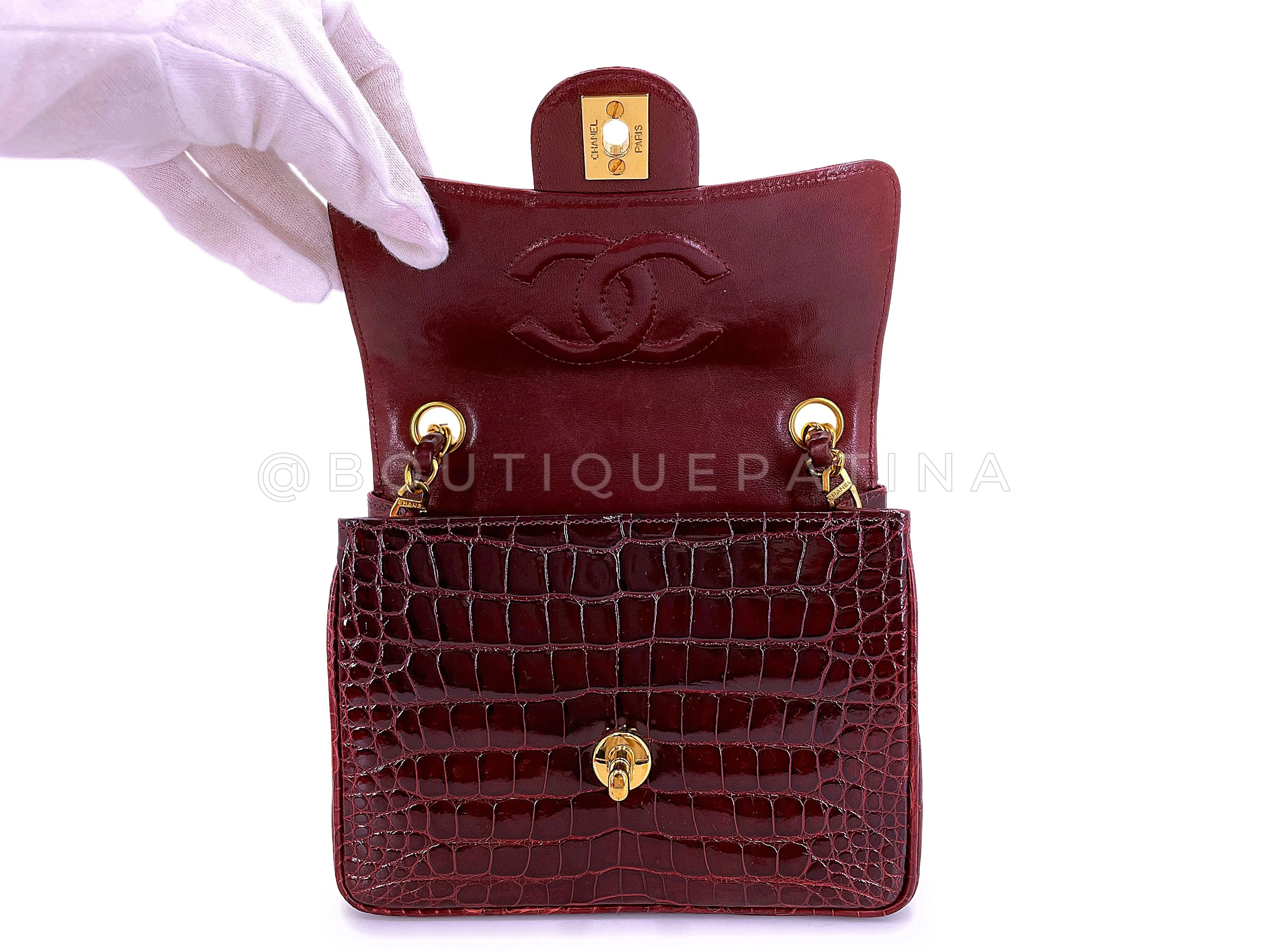 Chanel 1996 Vintage Burgundy Alligator Crocodile Square Mini Flap Bag 24k GHW