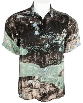 Citron - Butterflies Along River, Asian Style Vintage Button Front Silk Men's Shirt Citron - Butterflies Along River, Asian Style Vintage Button Front Silk Men's Shirt