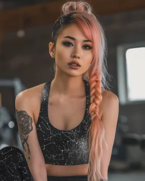 Constellation Longline Sports Bra - High Support Non-see-through Vegan Bra with Removable Padding, Goth Activewear for Gym & Yoga with UPF 50  Constellation Longline Sports Bra - High Support Non-see-through Vegan Bra with Removable Padding, Goth Activewear for Gym & Yoga with UPF 50