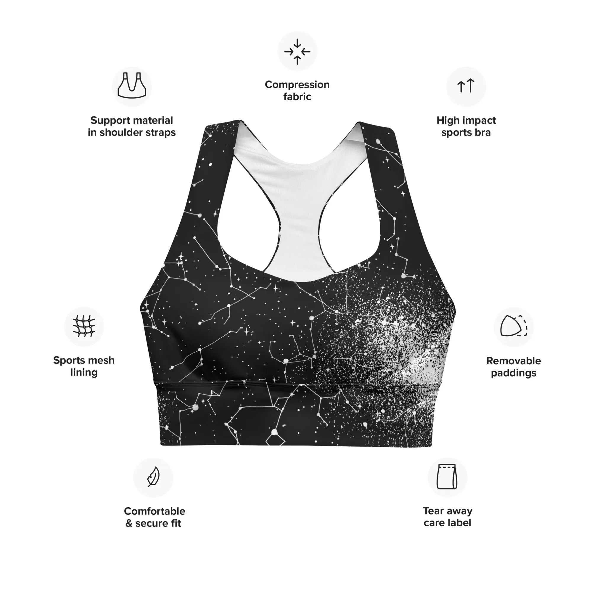 Constellation Longline Sports Bra - High Support Non-see-through Vegan Bra with Removable Padding, Goth Activewear for Gym & Yoga with UPF 50