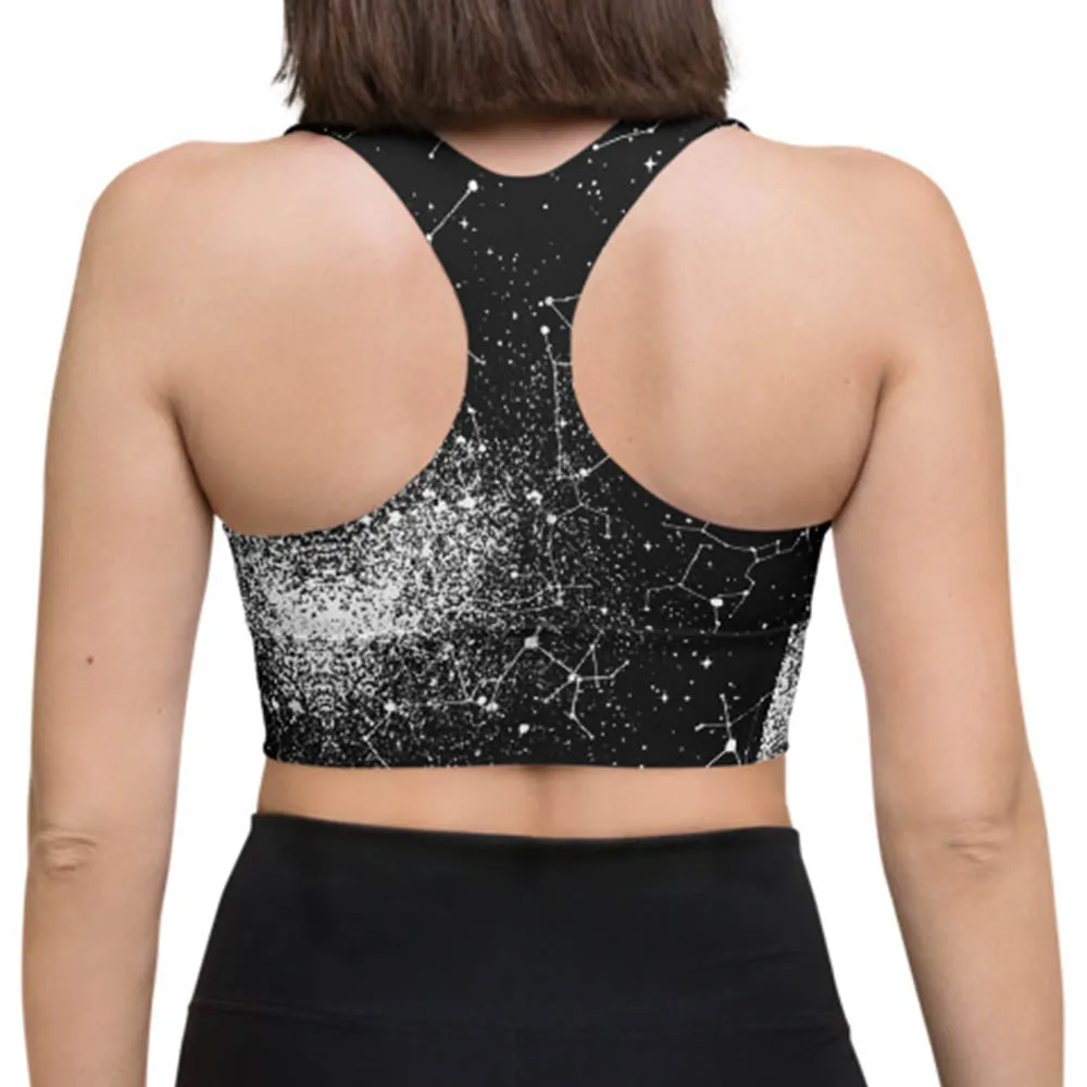 Constellation Longline Sports Bra - High Support Non-see-through Vegan Bra with Removable Padding, Goth Activewear for Gym & Yoga with UPF 50