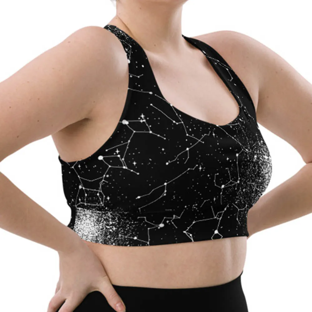 Constellation Longline Sports Bra - High Support Non-see-through Vegan Bra with Removable Padding, Goth Activewear for Gym & Yoga with UPF 50