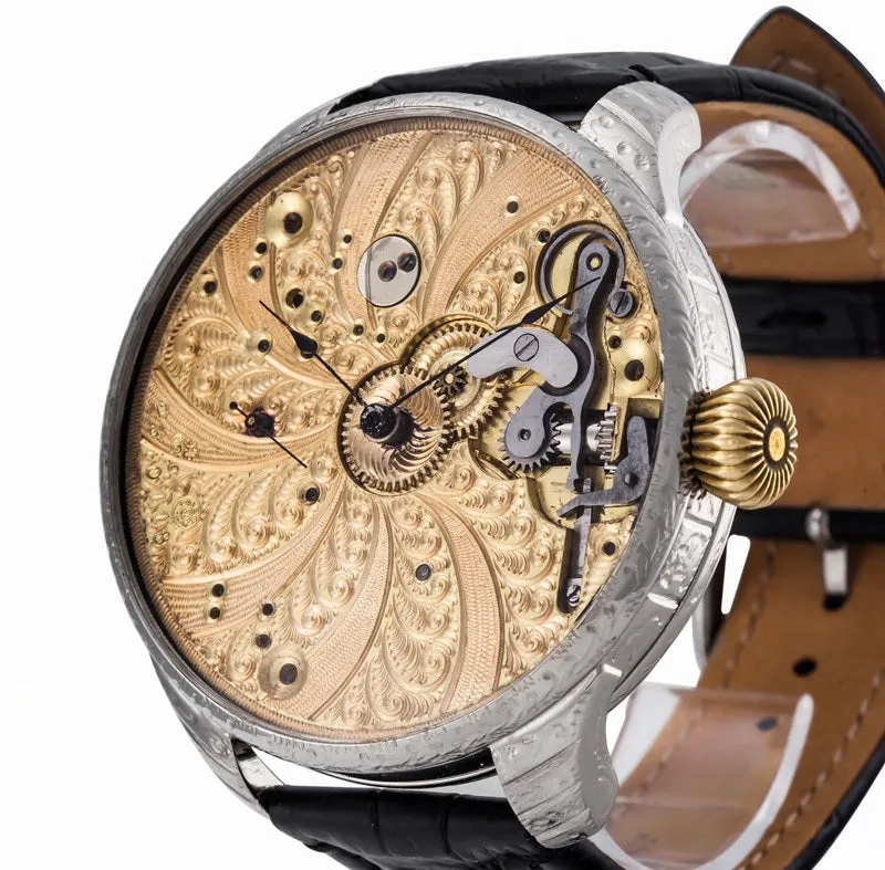 Custom Watch Using 1905 Omega Pocket Watch Movement Spiral Full Engraving Wristwatch