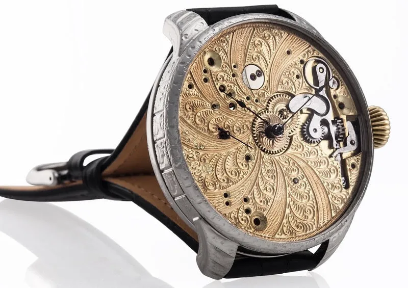 Custom Watch Using 1905 Omega Pocket Watch Movement Spiral Full Engraving Wristwatch
