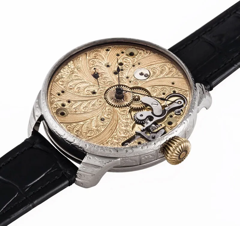 Custom Watch Using 1905 Omega Pocket Watch Movement Spiral Full Engraving Wristwatch