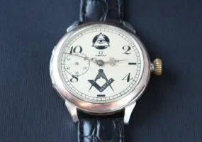 Custom Wristwatch Using 1910 Omega Pocket Watch Movement And Pure Silver Case Freemason White Dial Custom Wristwatch Using 1910 Omega Pocket Watch Movement And Pure Silver Case Freemason White Dial