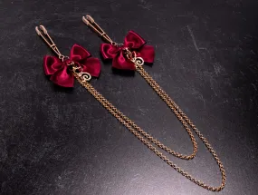 Deluxe Chained Burgundy Bow Tweezer Nipple Clamps in Rose Gold Deluxe Chained Burgundy Bow Tweezer Nipple Clamps in Rose Gold