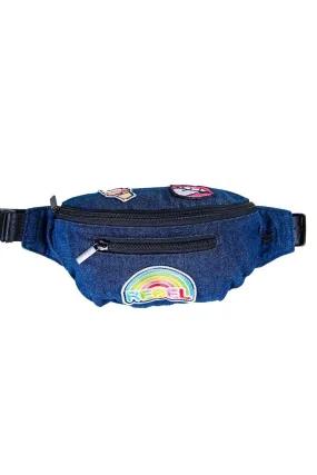 Denim Adult Rebel Fanny Pack with Patches with Black Zipper Denim Adult Rebel Fanny Pack with Patches with Black Zipper