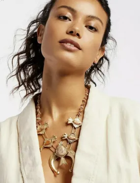 Desert Dweller Necklace Brass With Tan Stone Gold Tone Squash Blossom Polished Shell Beads Boho Statement Necklace Desert Dweller Necklace Brass With Tan Stone Gold Tone Squash Blossom Polished Shell Beads Boho Statement Necklace