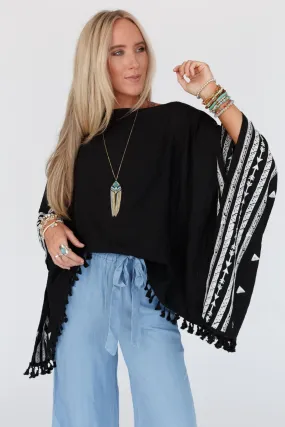 Fallon Embroidered Sleeve Tassel Poncho - Black Fallon Embroidered Sleeve Tassel Poncho - Black