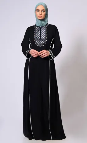 Feminine Flourish: Embroidered Front Zip Black Abaya with Front Pockets - Final Sale Feminine Flourish: Embroidered Front Zip Black Abaya with Front Pockets - Final Sale
