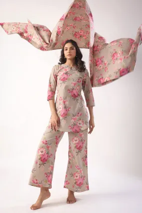 Floral Motifs On Grey Lounge Co-ord Set Floral Motifs On Grey Lounge Co-ord Set