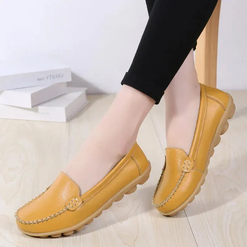 Genuine Leather Shoes Woman Soft Boat Flats Ladies Loafers Non-Slip Sturdy Sole