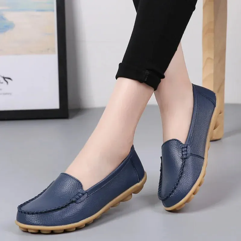 Genuine Leather Shoes Woman Soft Boat Flats Ladies Loafers Non-Slip Sturdy Sole