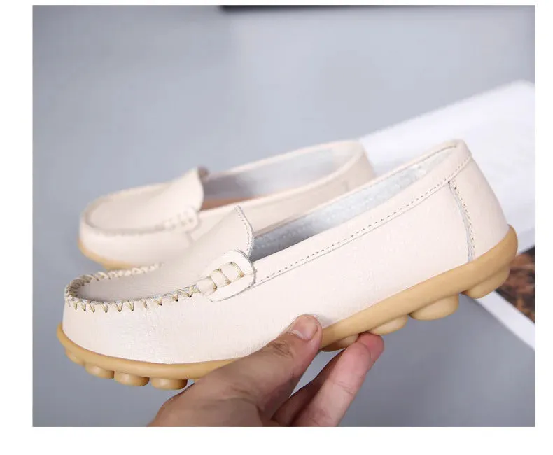 Genuine Leather Shoes Woman Soft Boat Flats Ladies Loafers Non-Slip Sturdy Sole
