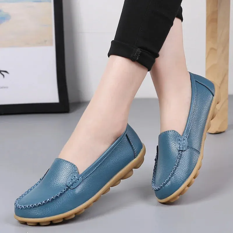 Genuine Leather Shoes Woman Soft Boat Flats Ladies Loafers Non-Slip Sturdy Sole