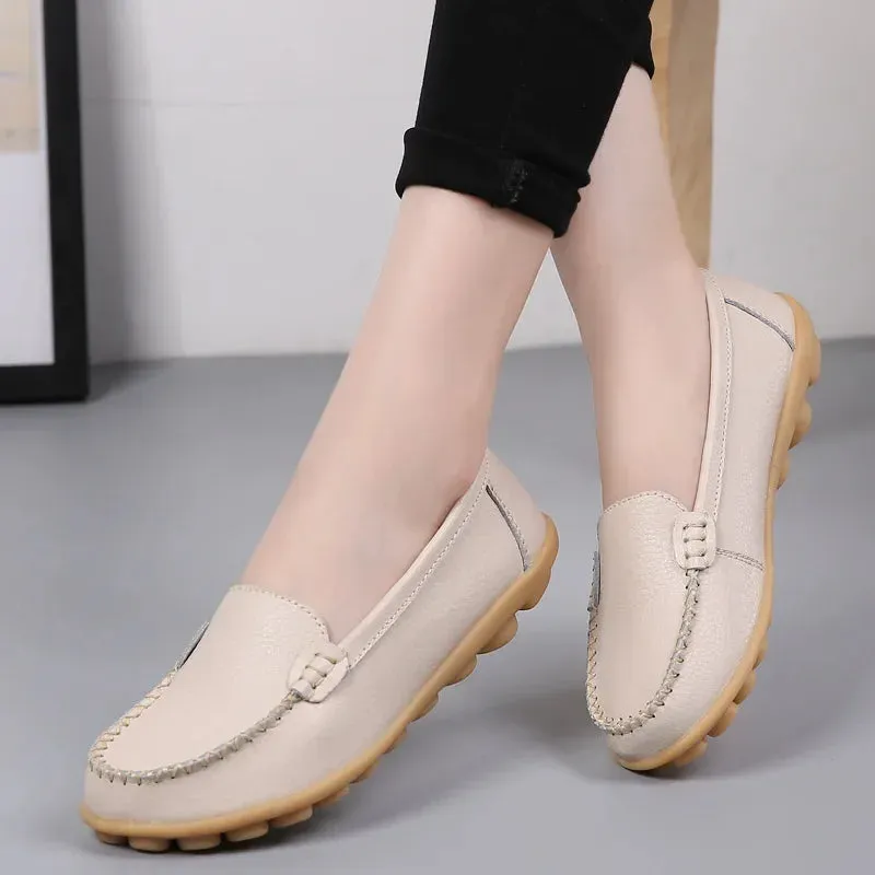 Genuine Leather Shoes Woman Soft Boat Flats Ladies Loafers Non-Slip Sturdy Sole
