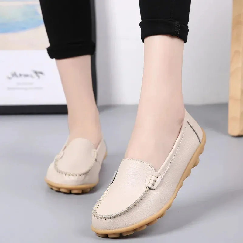 Genuine Leather Shoes Woman Soft Boat Flats Ladies Loafers Non-Slip Sturdy Sole