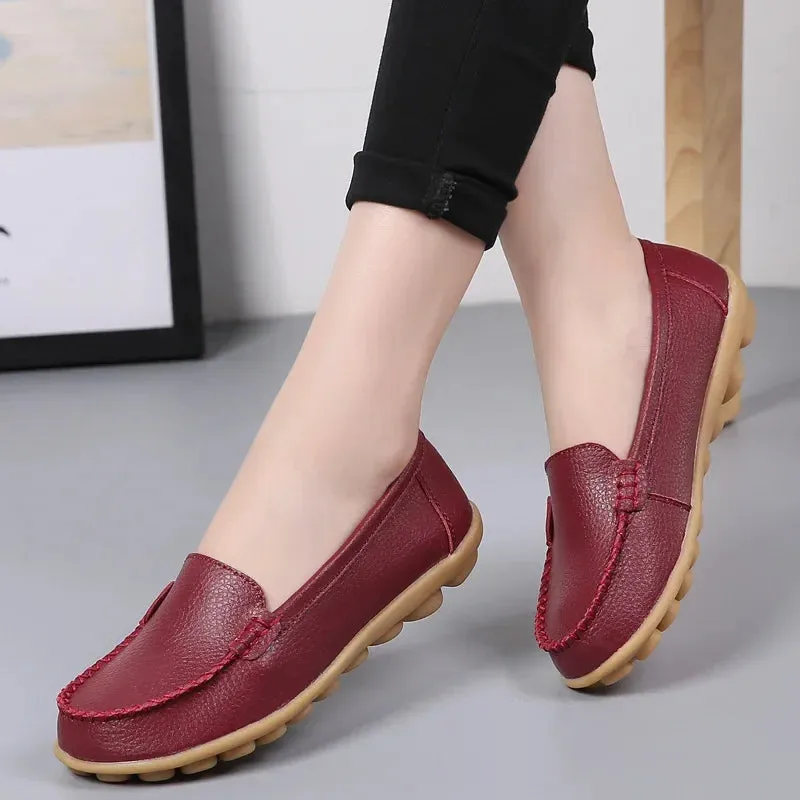 Genuine Leather Shoes Woman Soft Boat Flats Ladies Loafers Non-Slip Sturdy Sole