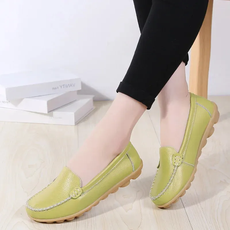 Genuine Leather Shoes Woman Soft Boat Flats Ladies Loafers Non-Slip Sturdy Sole