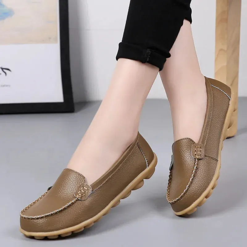 Genuine Leather Shoes Woman Soft Boat Flats Ladies Loafers Non-Slip Sturdy Sole