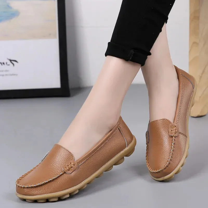 Genuine Leather Shoes Woman Soft Boat Flats Ladies Loafers Non-Slip Sturdy Sole