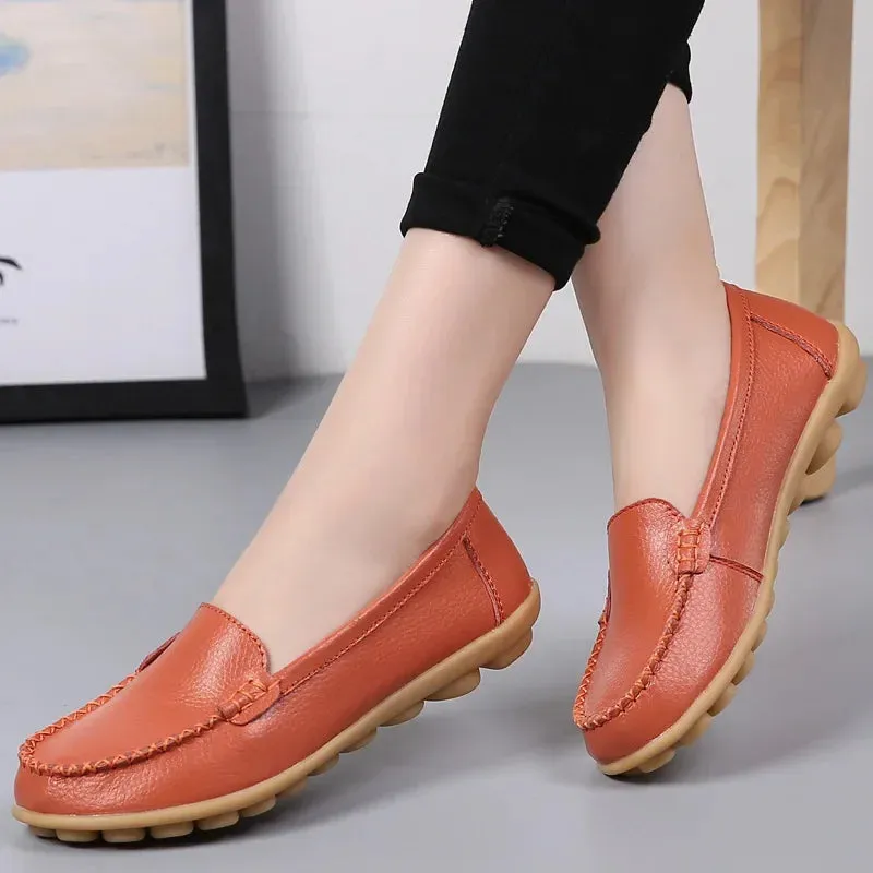 Genuine Leather Shoes Woman Soft Boat Flats Ladies Loafers Non-Slip Sturdy Sole